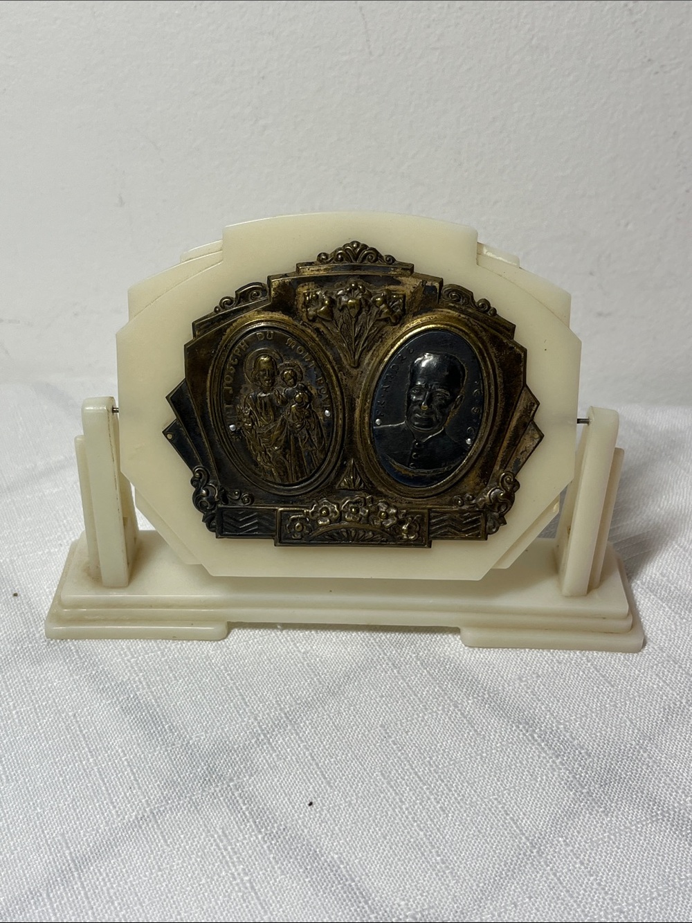Vintage Ivory Decorative Plaque with Brass Medallions